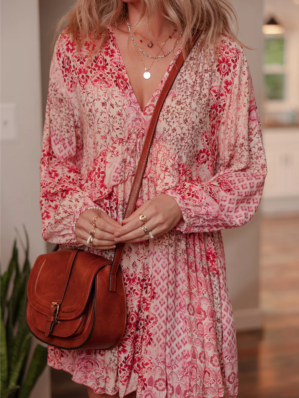 loral Print Tassel Tie Long Sleeve Flowy Mini Dress, image 6