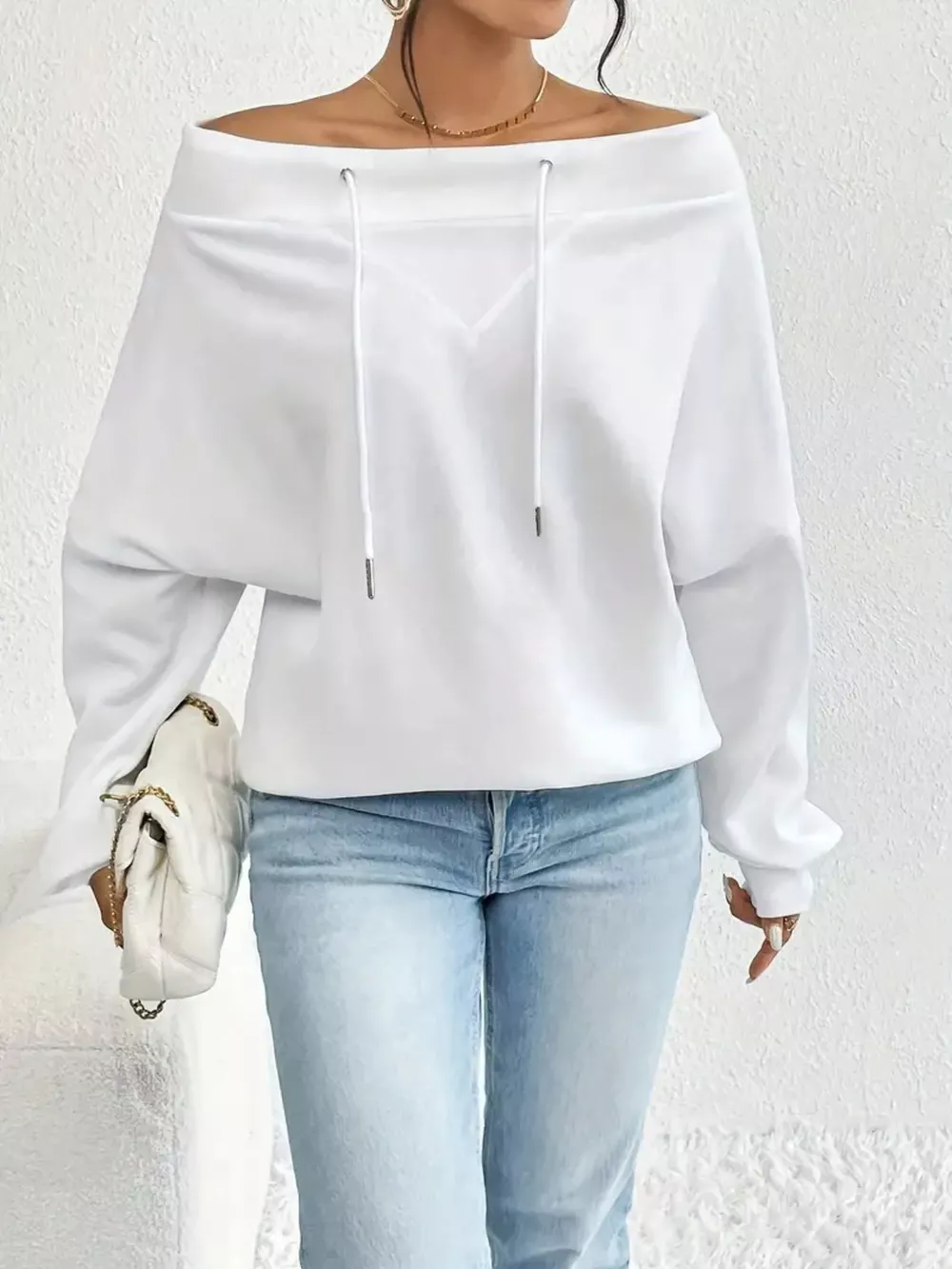 Full Size Off-Shoulder Drawstring Long Sleeve Top Plus Size, image 15