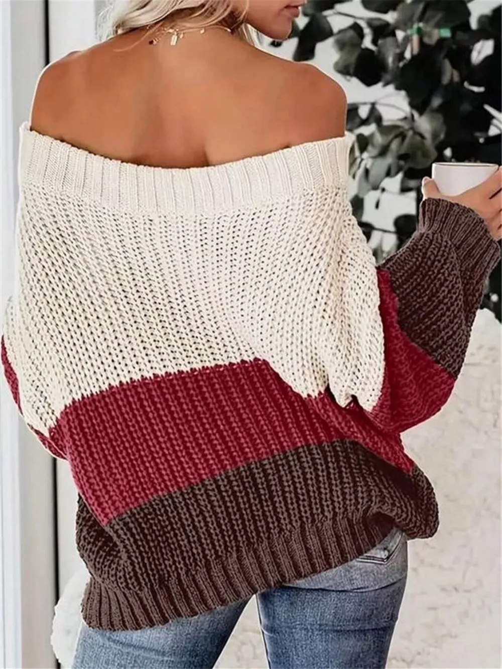 Off-Shoulder Color Block Sweater, image 2