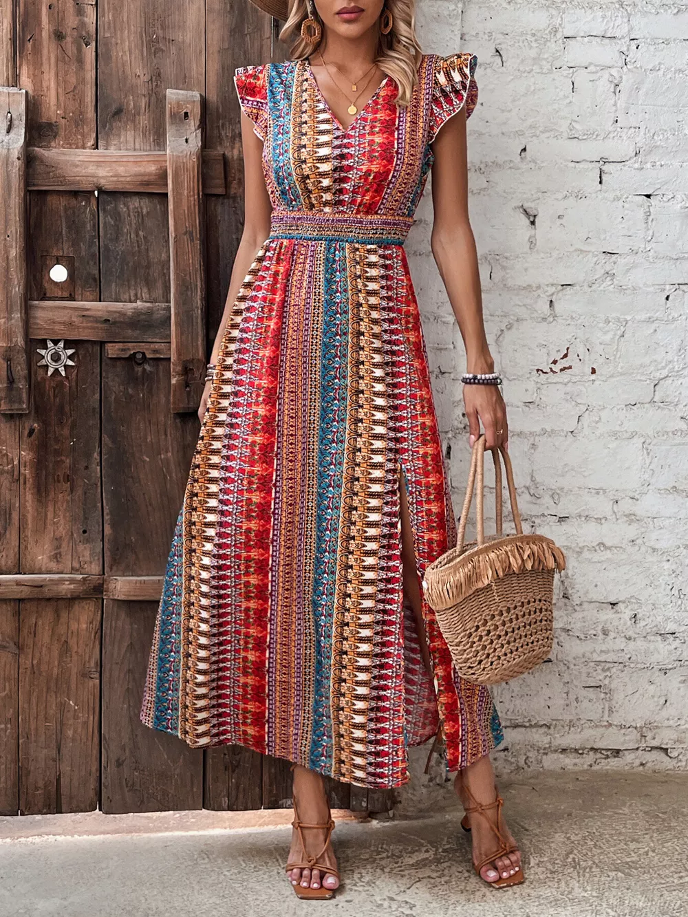 Boho Print Ruffle Sleeve Slit Dress, image 5