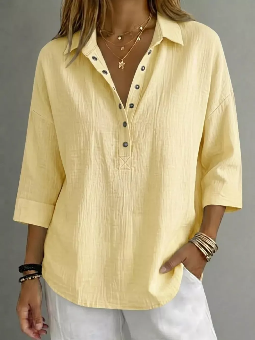 Full Size Snap Down 3/4 Sleeves Blouse Plus Size, image 5