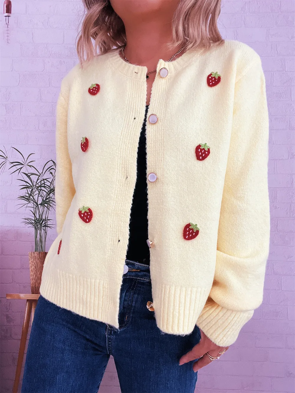 Strawberry Button Up Long Sleeve Cardigan, image 9