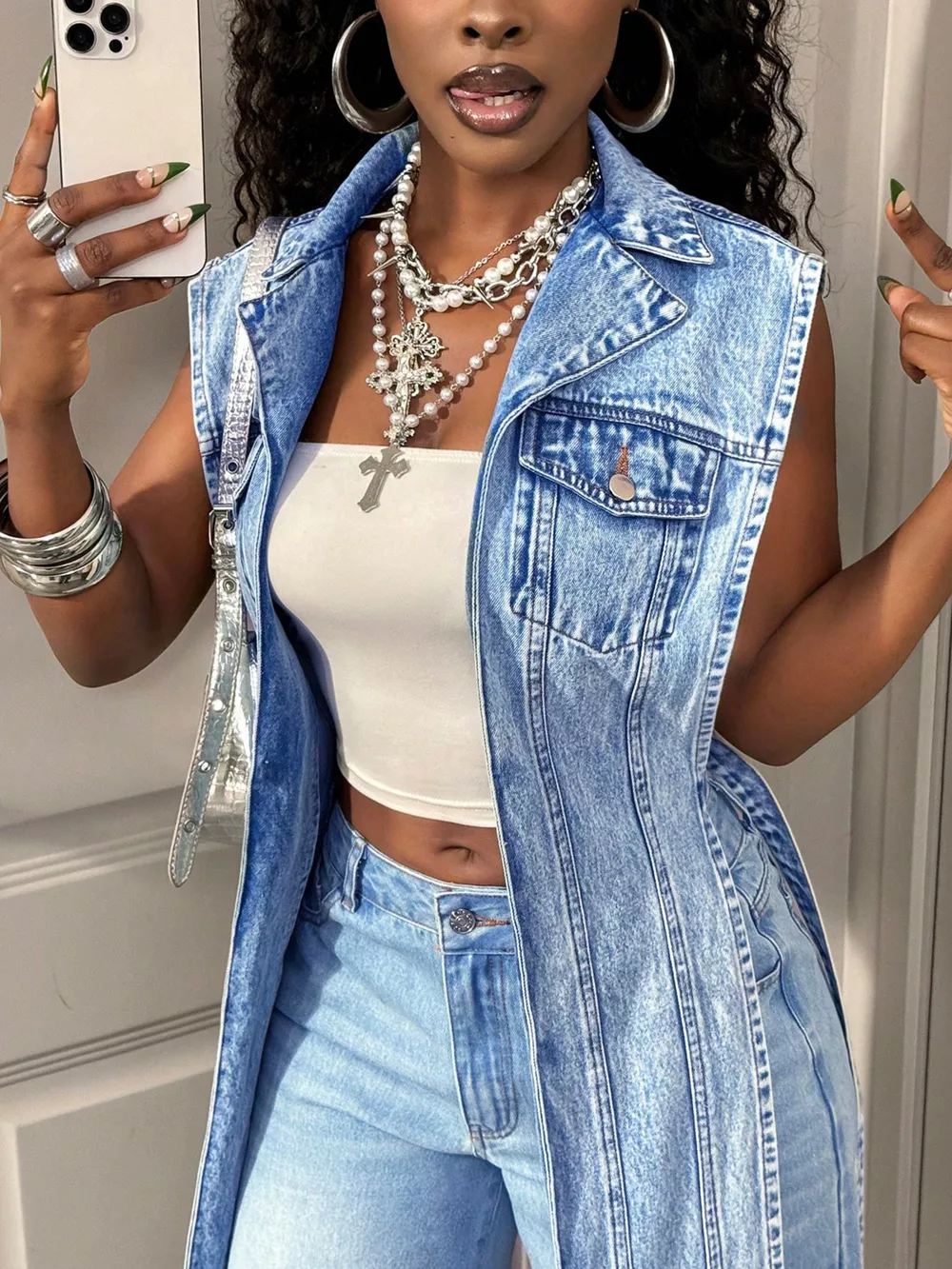 High-Low Open Front Denim Vest, image 5