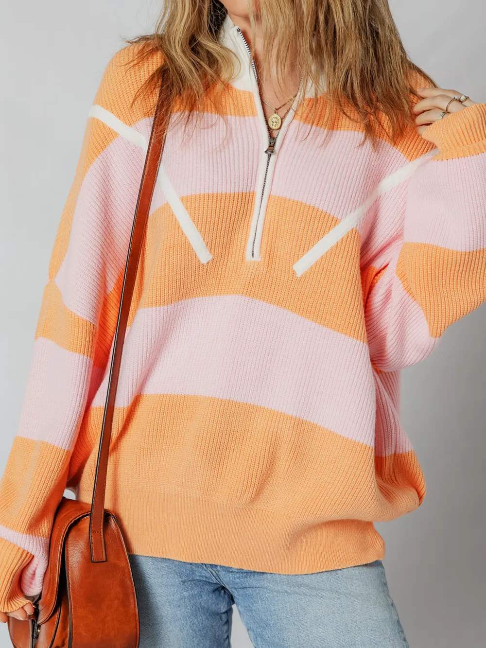 Stripe Color Block Half Zip Oversize Sweater, image 5