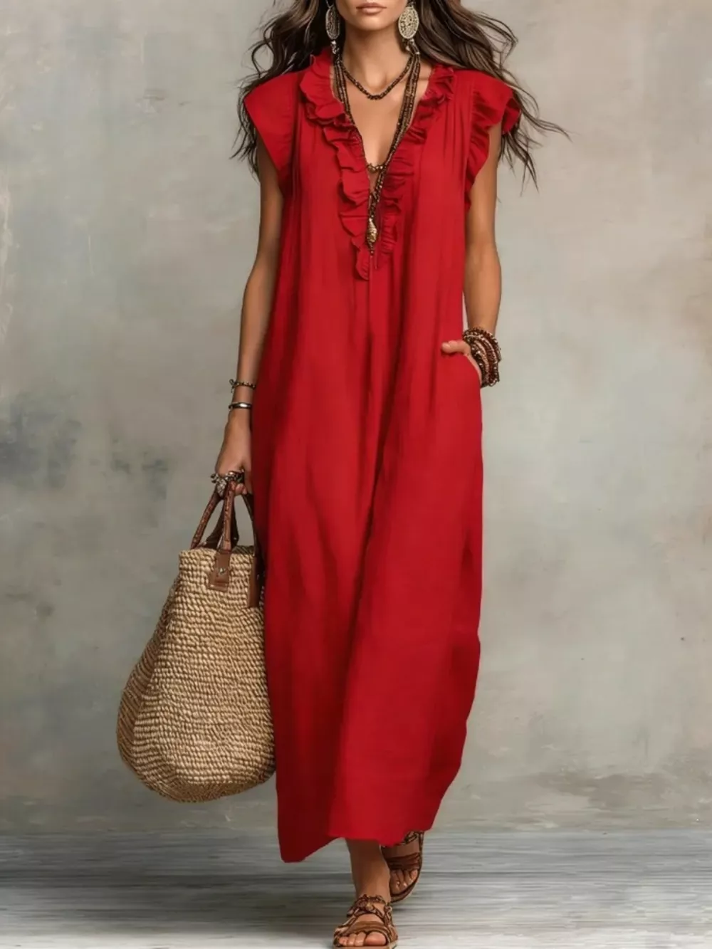 Ruffled V-Neck Maxi Dress, image 7