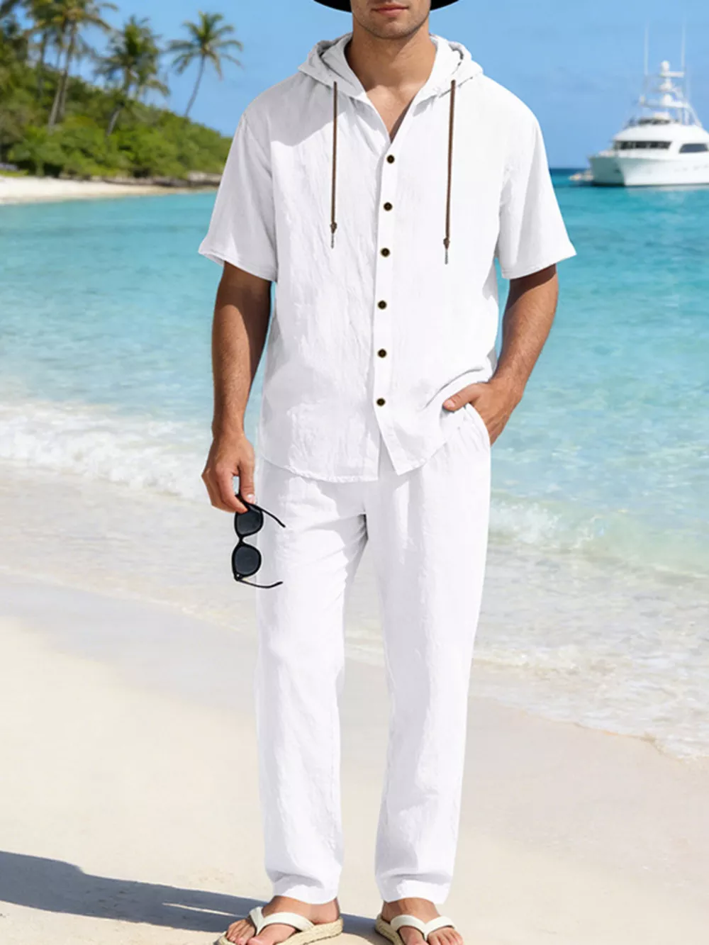 Men's Full Size Button Up Hooded Top and Pants Set Plus Size, image 2