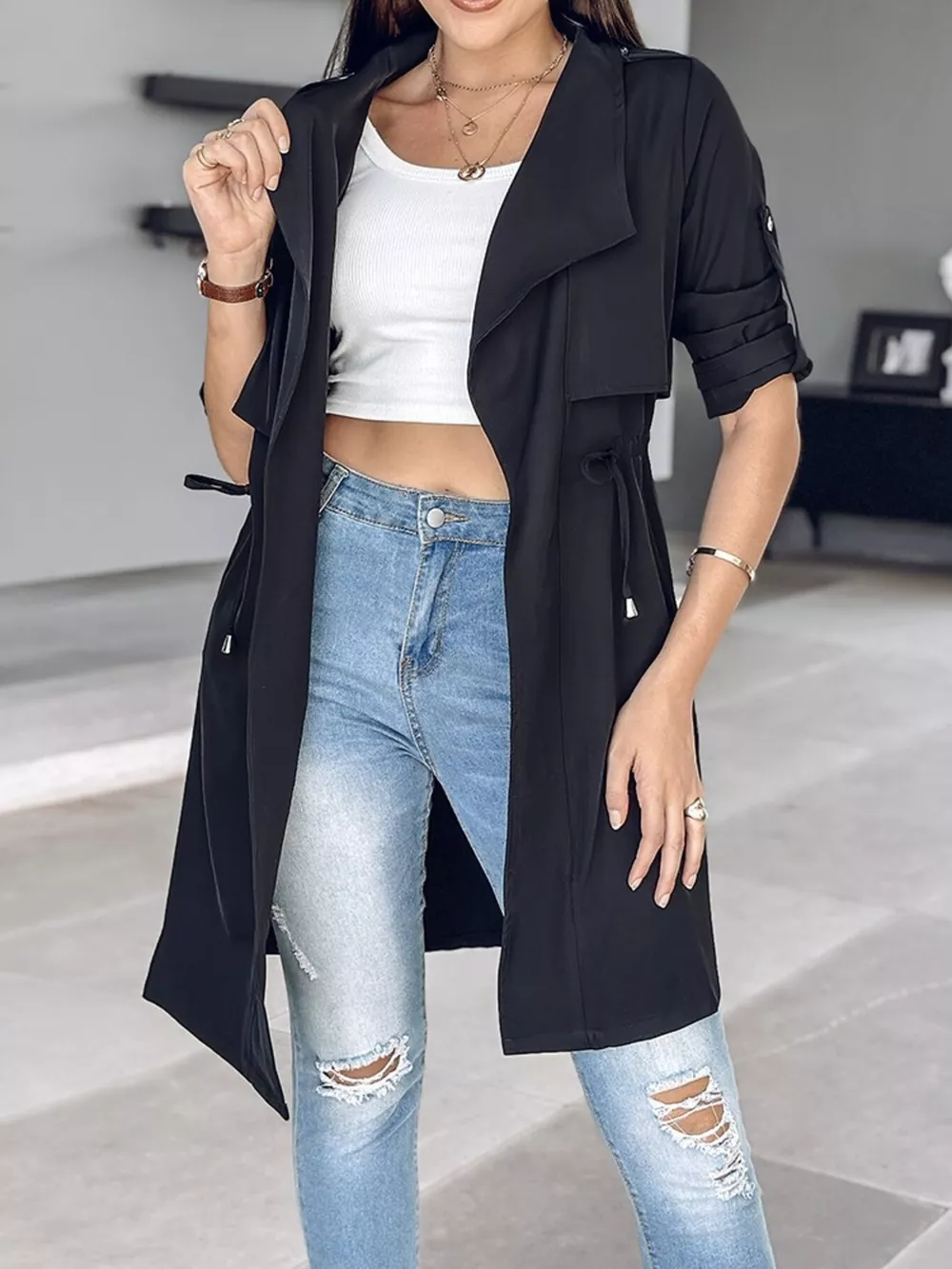 Drape Collar Lightweight Trench Coat, image 12