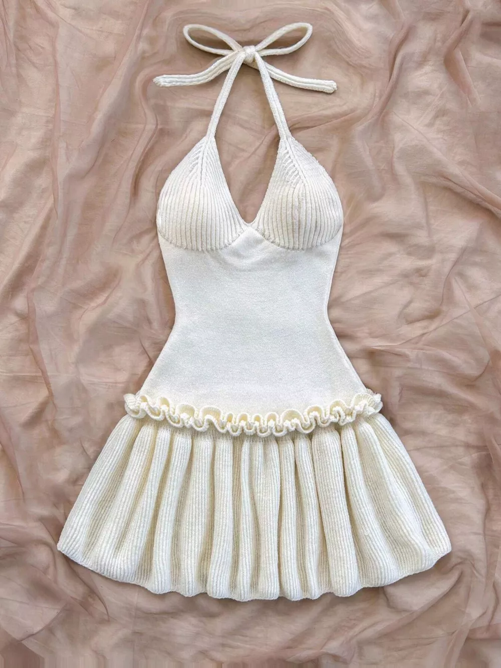 Halter Neck Ruffle Hem Knit Sweater Dress, image 3
