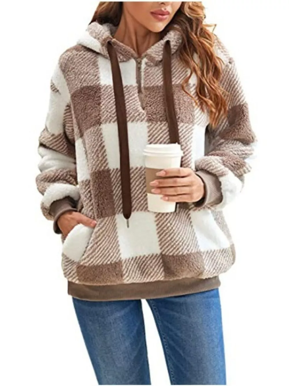 Full Size Plaid Sherpa Drawstring Hoodie Plus Size, image 5