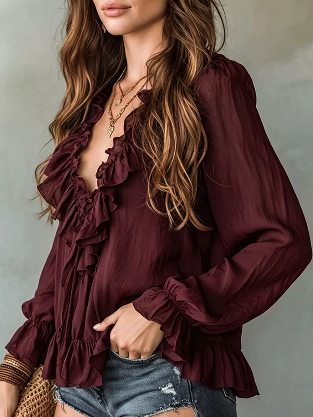 Ruffle V-Neck Long Sleeve Blouse, image 9