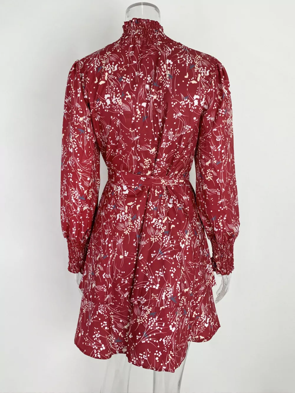 Plus Size Floral Print Mock Neck Long Sleeve Ruffle Hem Mini Dress, image 6
