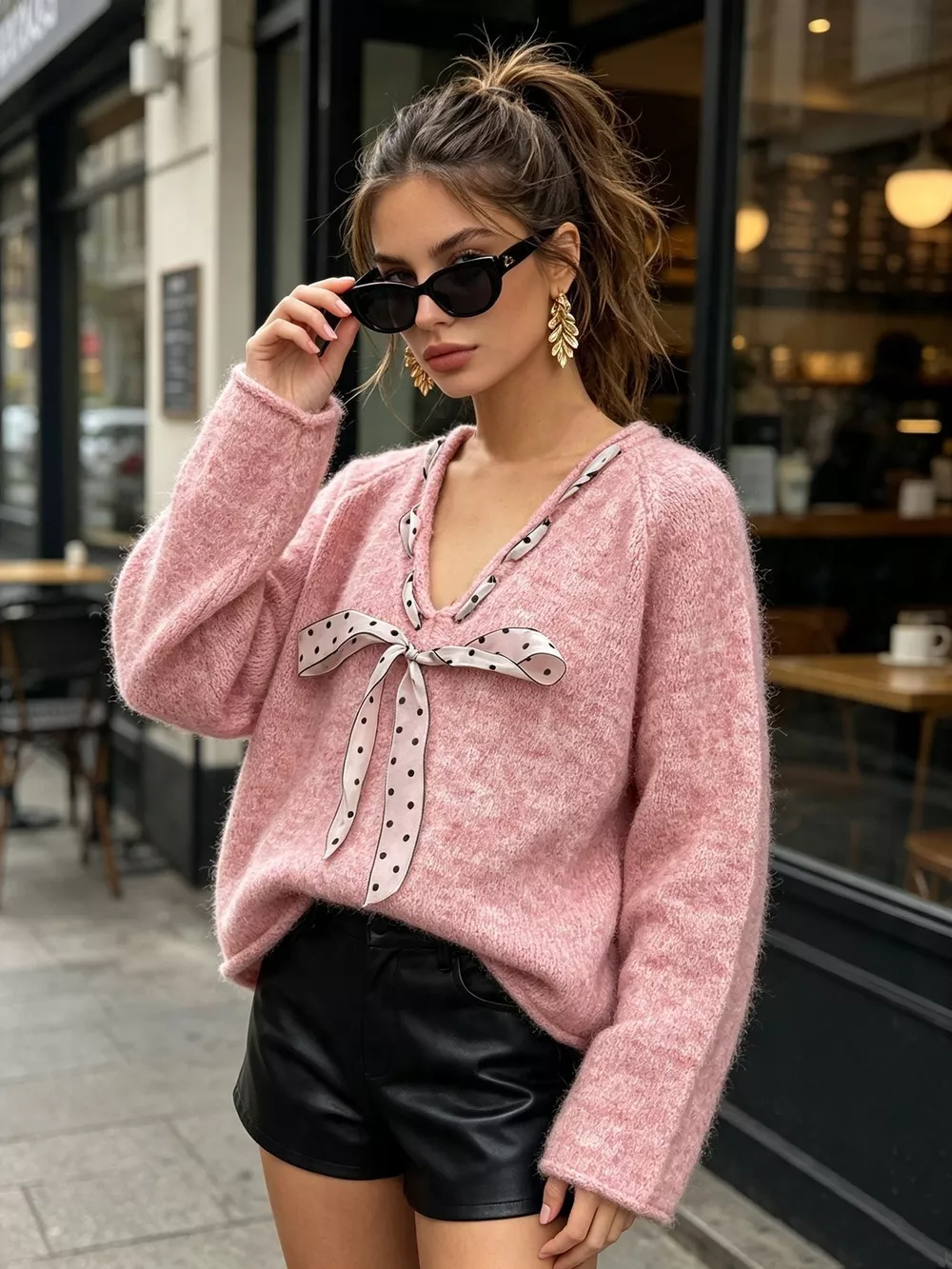 Chic V-Neck Sweater with Polka Dot Ribbon Tie, image 7