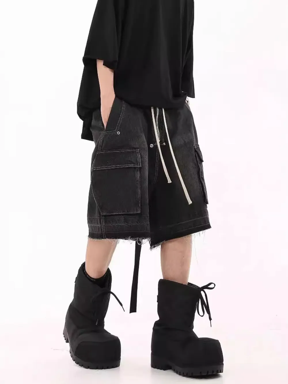 Men's Drawstring Cargo Denim Shorts with Zipper Detail, image 3