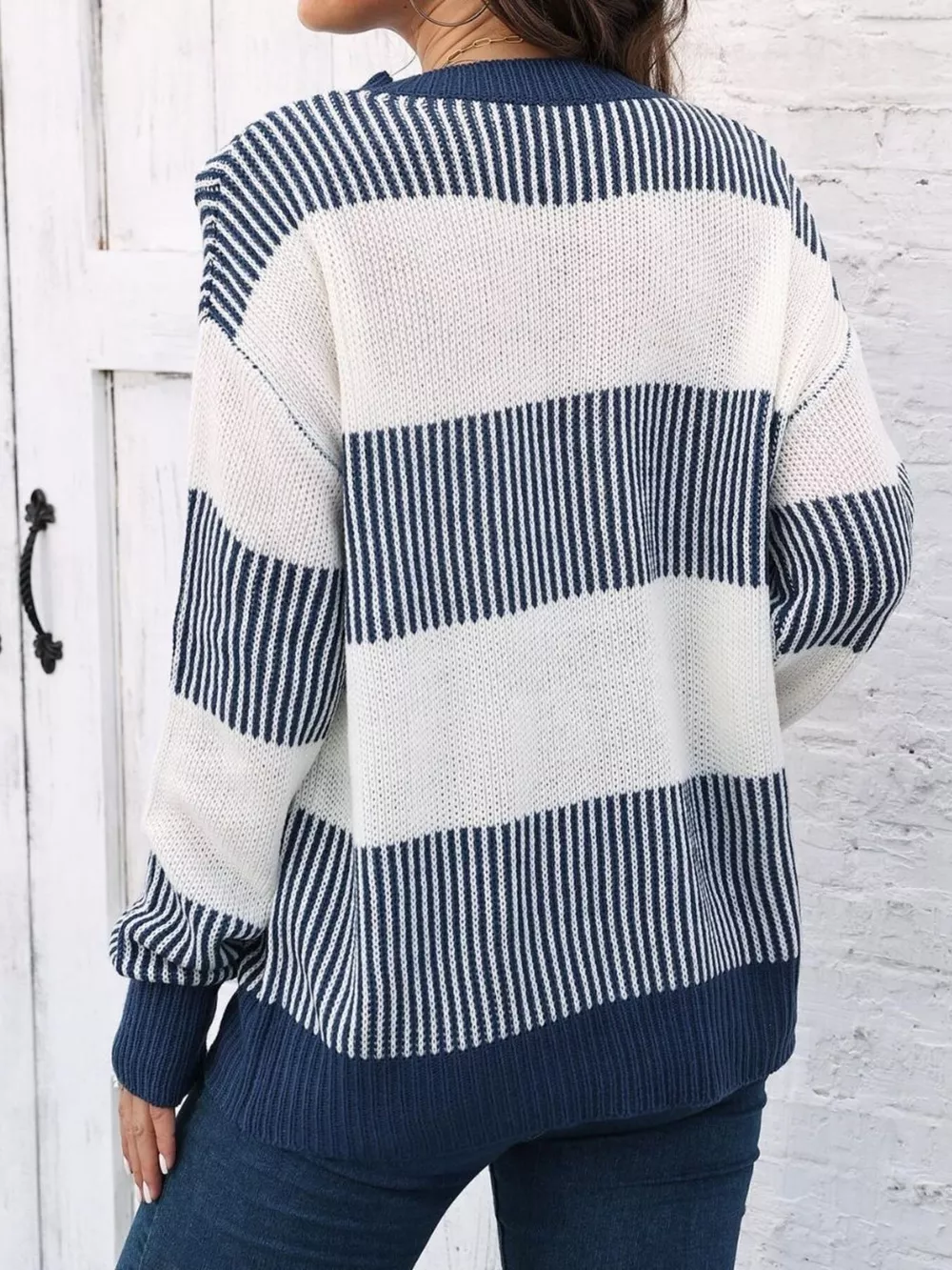 Full Size Striped Color Block Crew Neck Sweater Plus Size, image 15