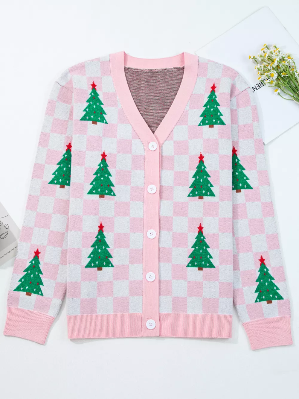 Christmas Tree Pattern Checkered Button V Neck Cardigan, image 12