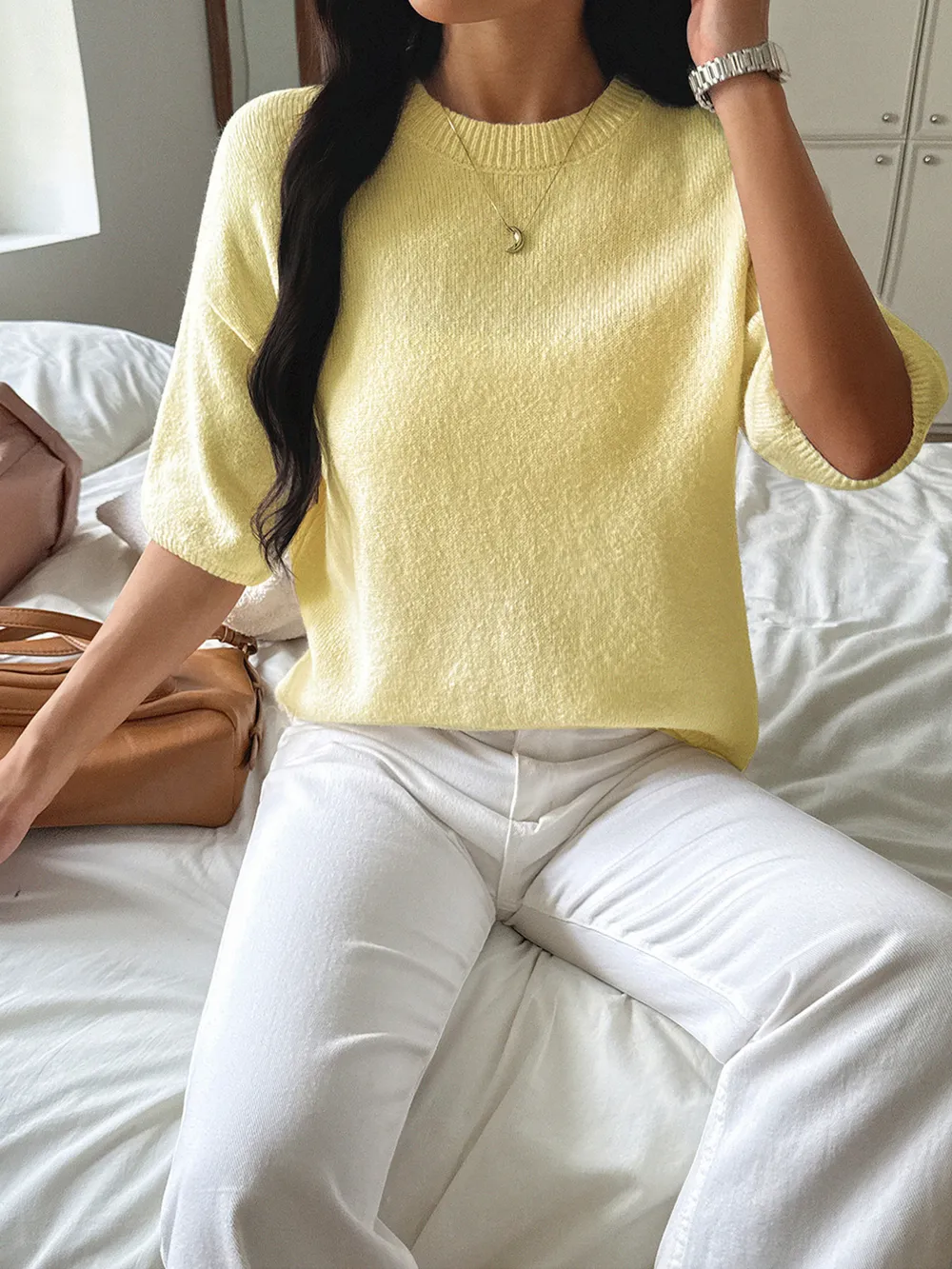 Ribbed Hem Round Neck Sweater, image 9