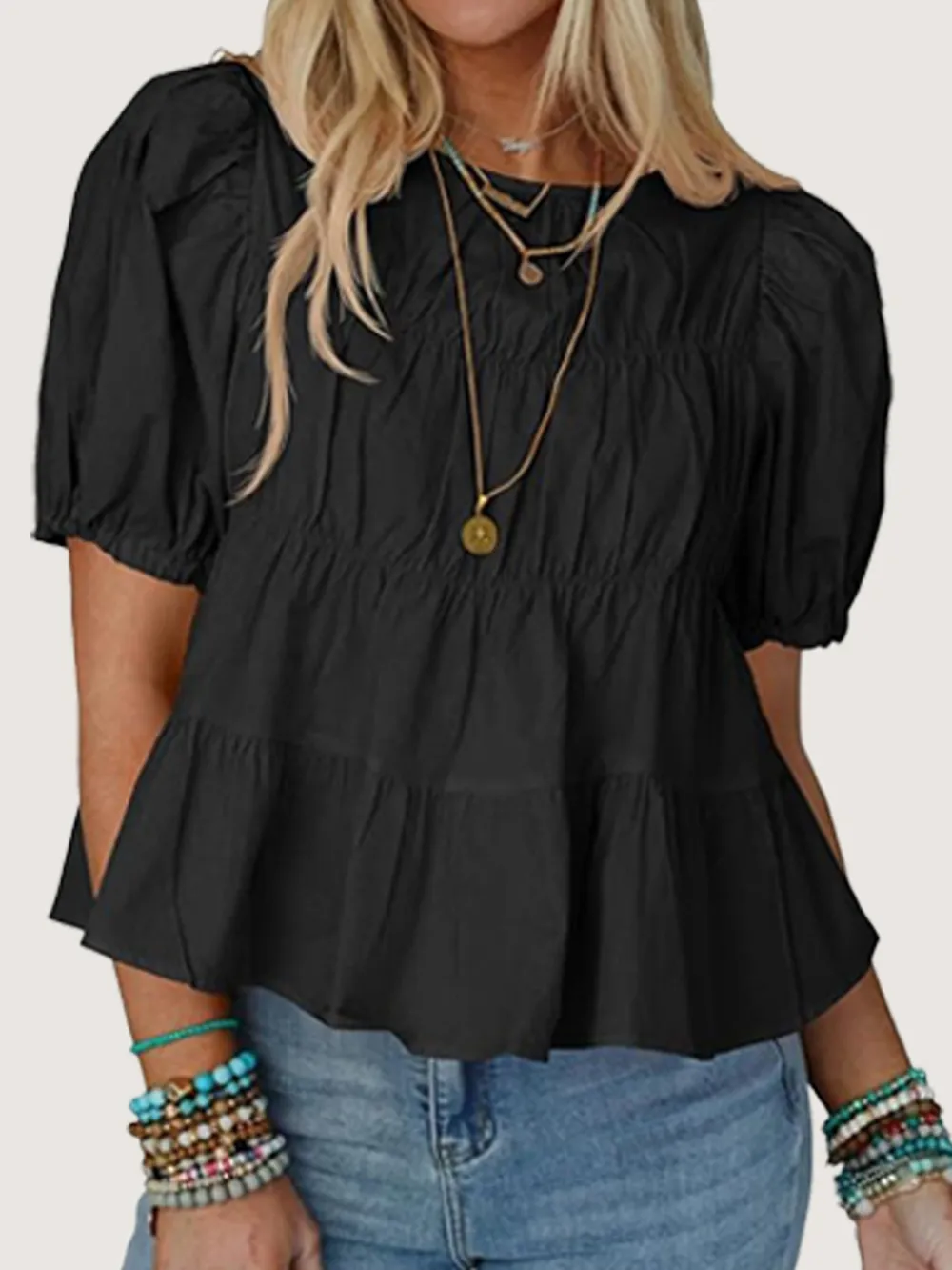Tiered Round Neck Puff Sleeve Ruched Blouse, image 15