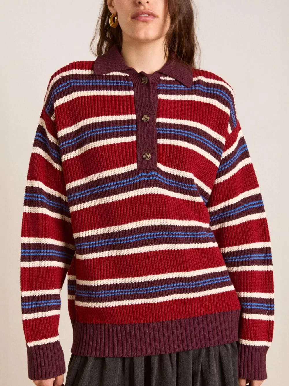 Striped Button Detail Polo Collar Sweater, image 2