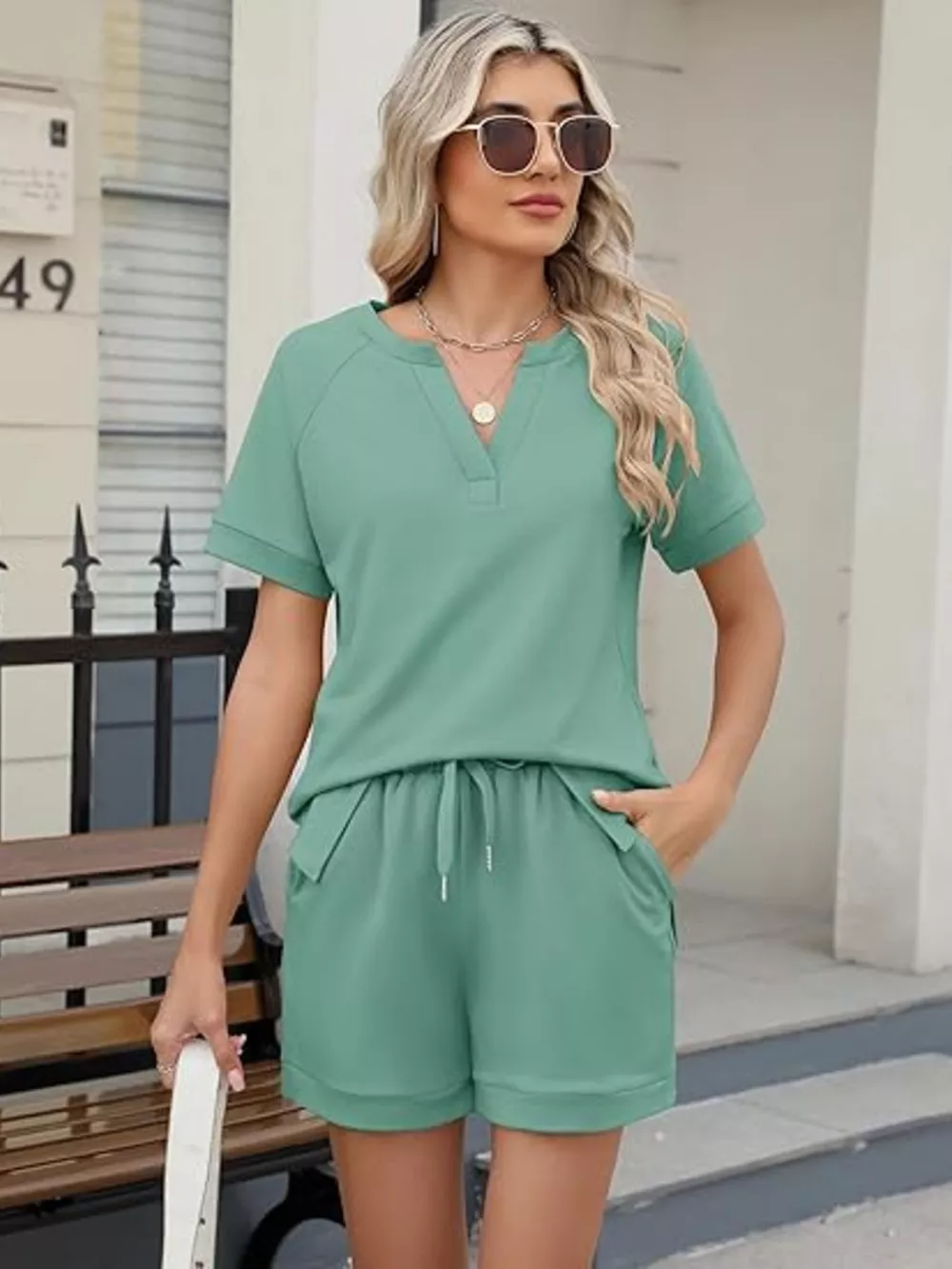 Solid Color Short Sleeve Top and Shorts Two-Piece Set, image 23
