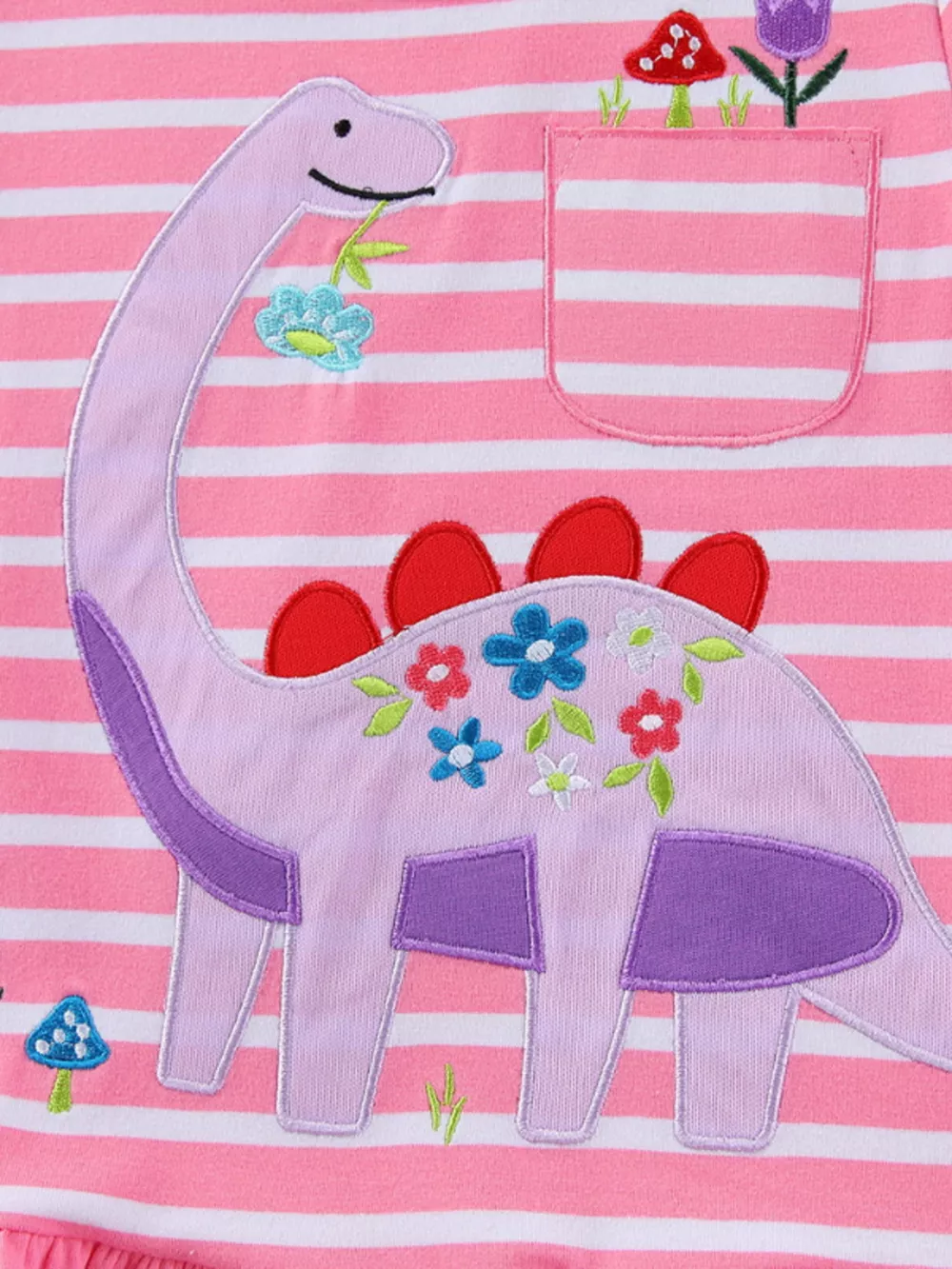 Children's Striped Dinosaur Embroidered Casual Dress, image 3