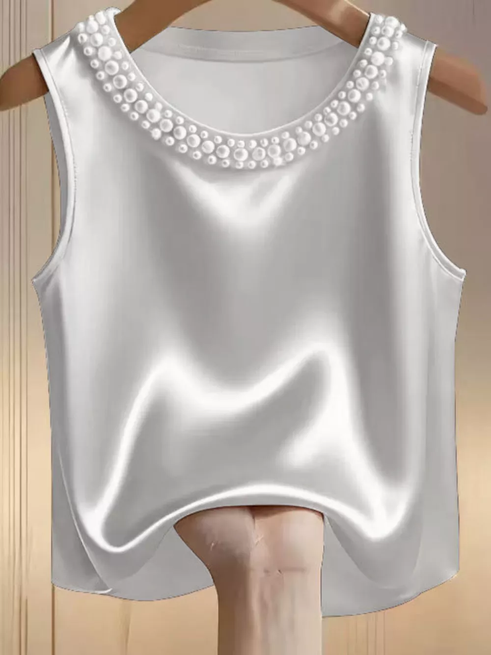Pearl Embellished Satin Tank Top, image 13