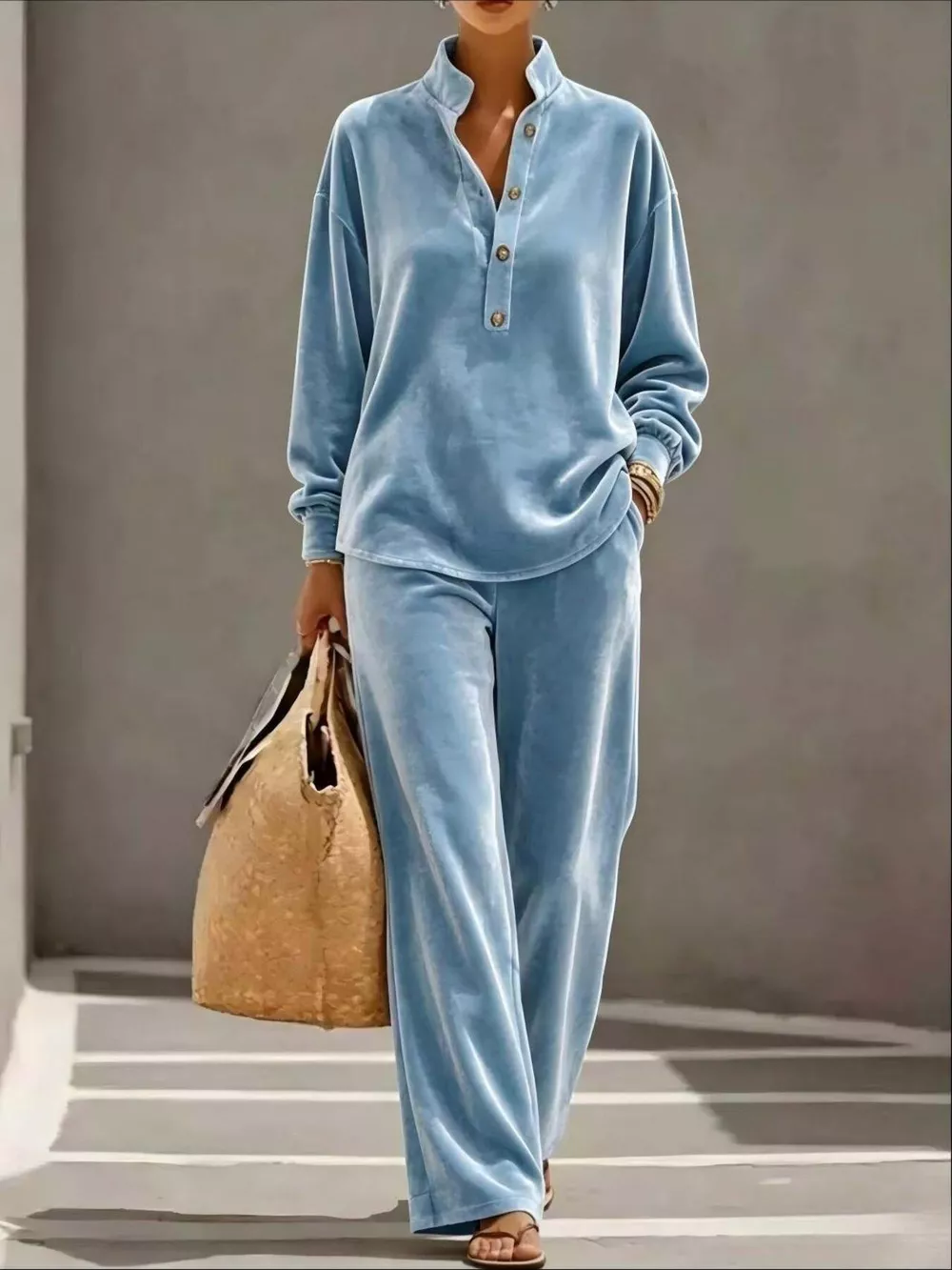 Full Size Half Button Top and Wide Leg Pants Set Plus Size