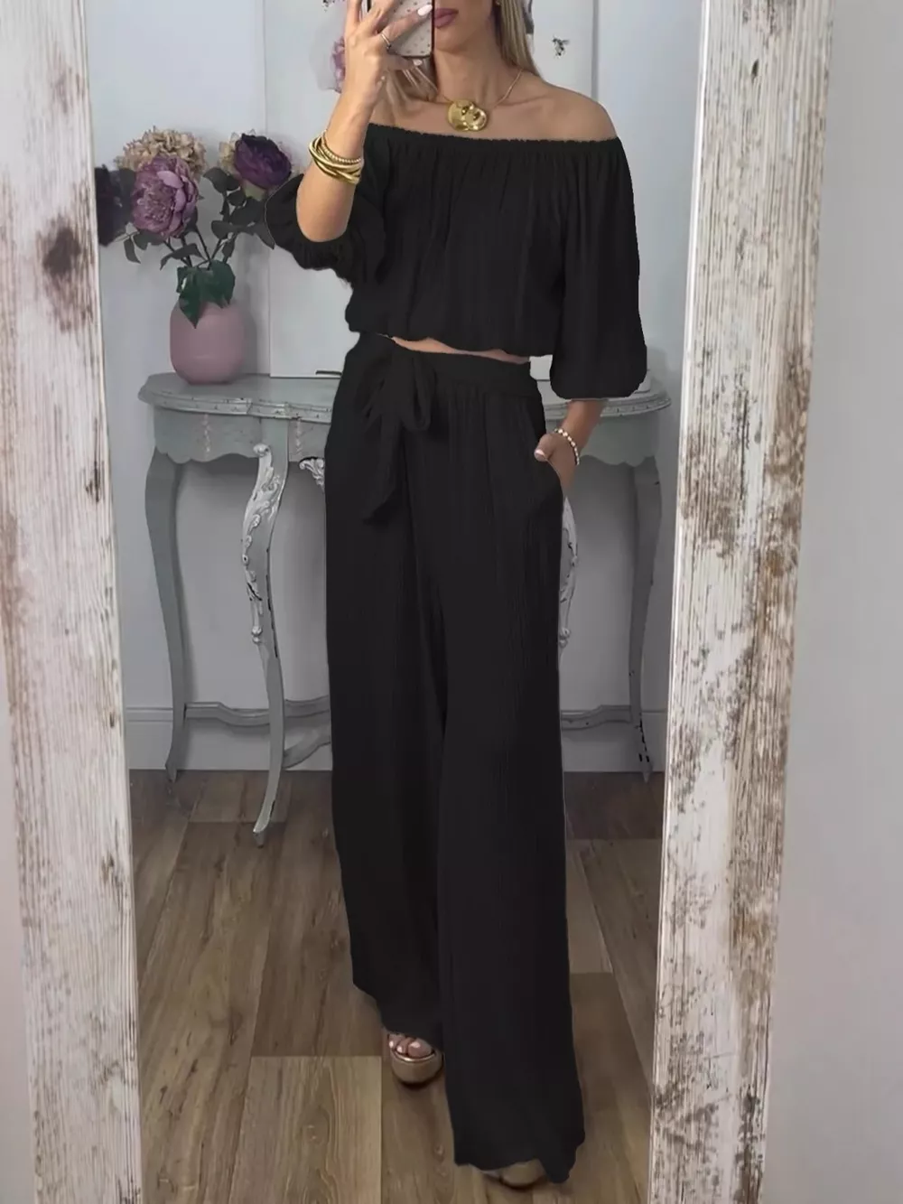 Full Size Off-Shoulder Top and Pants Set Plus Size