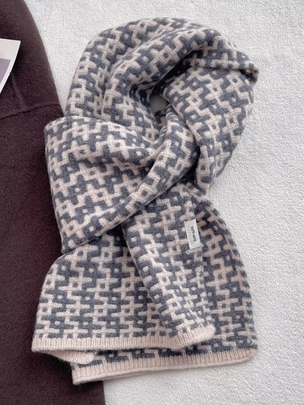 Wool Geometric Pattern Knitted Warm Scarf, image 7