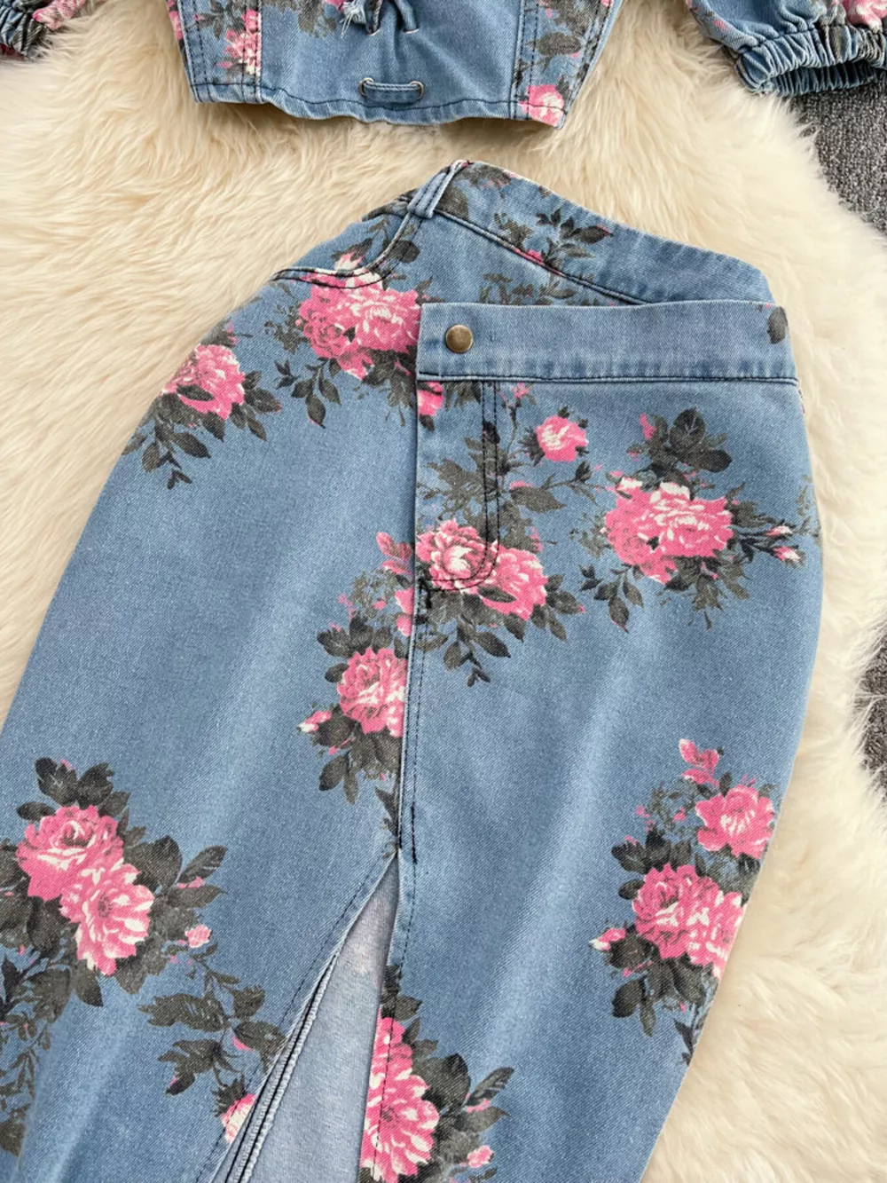 Floral Print Sweetheart Neck Cami and Skirt Denim Set, image 8
