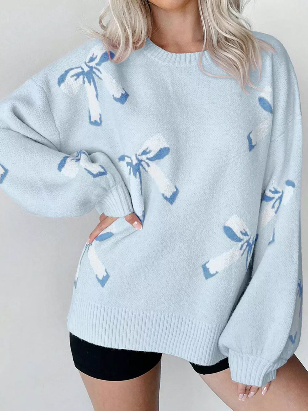 Bow Round Neck Dropped Shoulder Sweater
