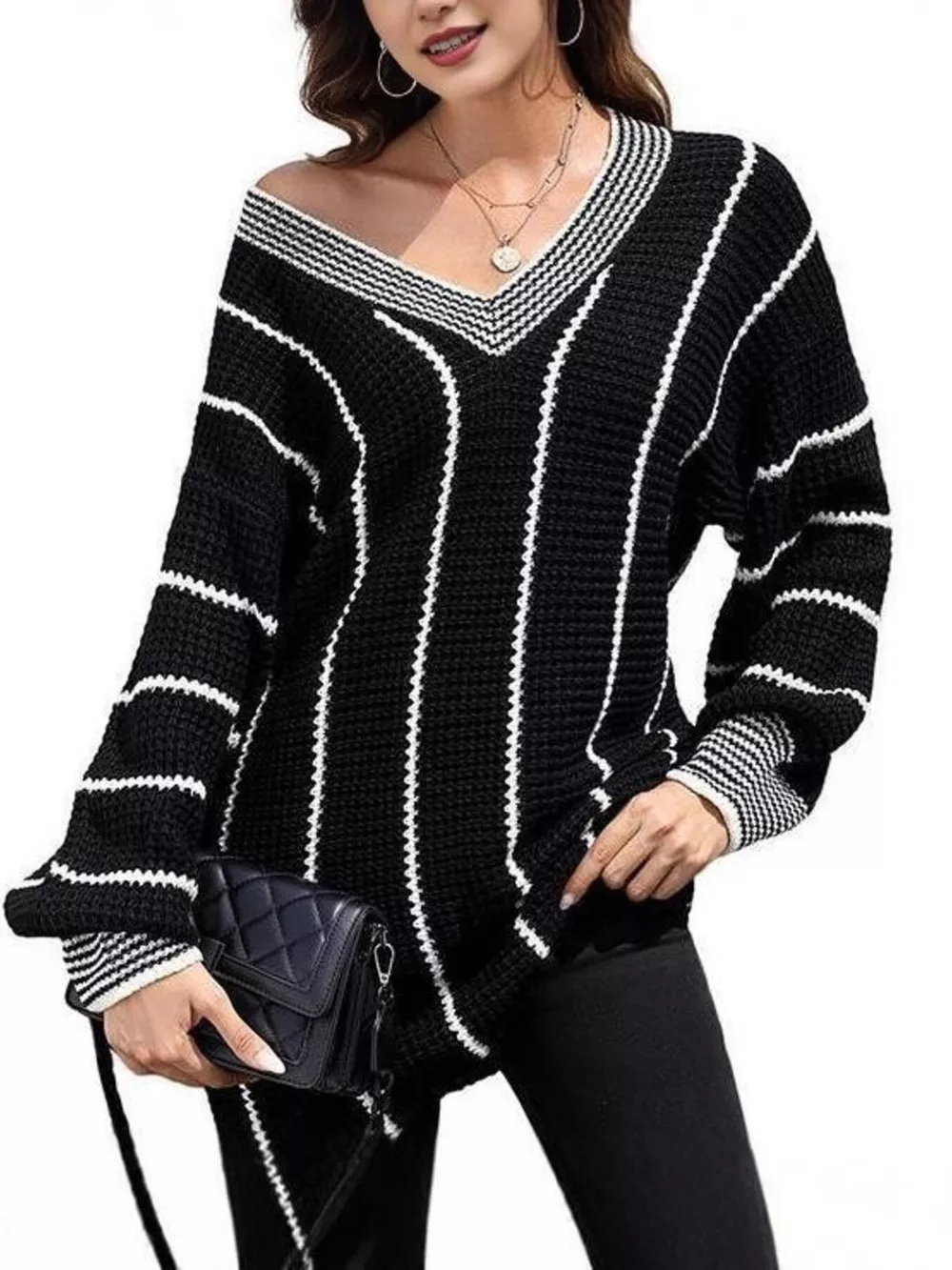 V-Neck Textured Knit Sweater
