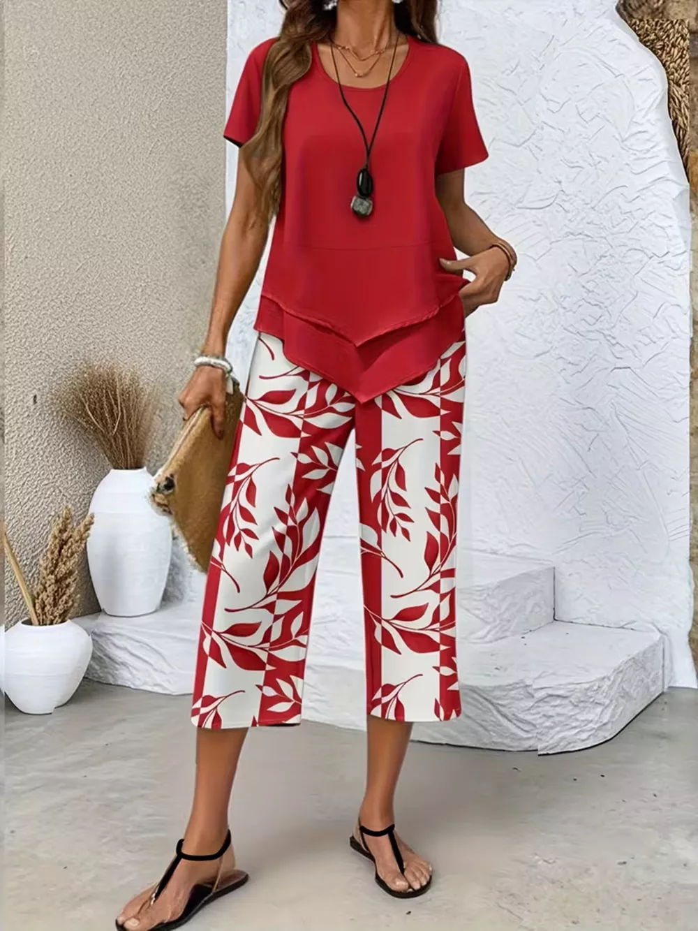 Layered Top and Leaf Print Cropped Pants Set, image 5
