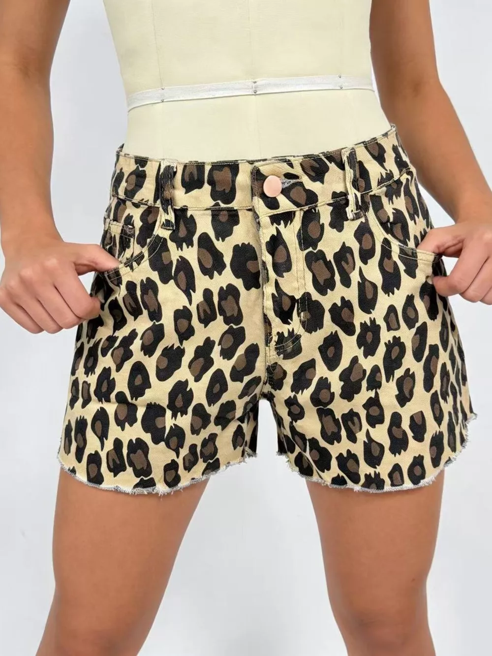 Leopard Print High-Waisted Denim Shorts, image 2