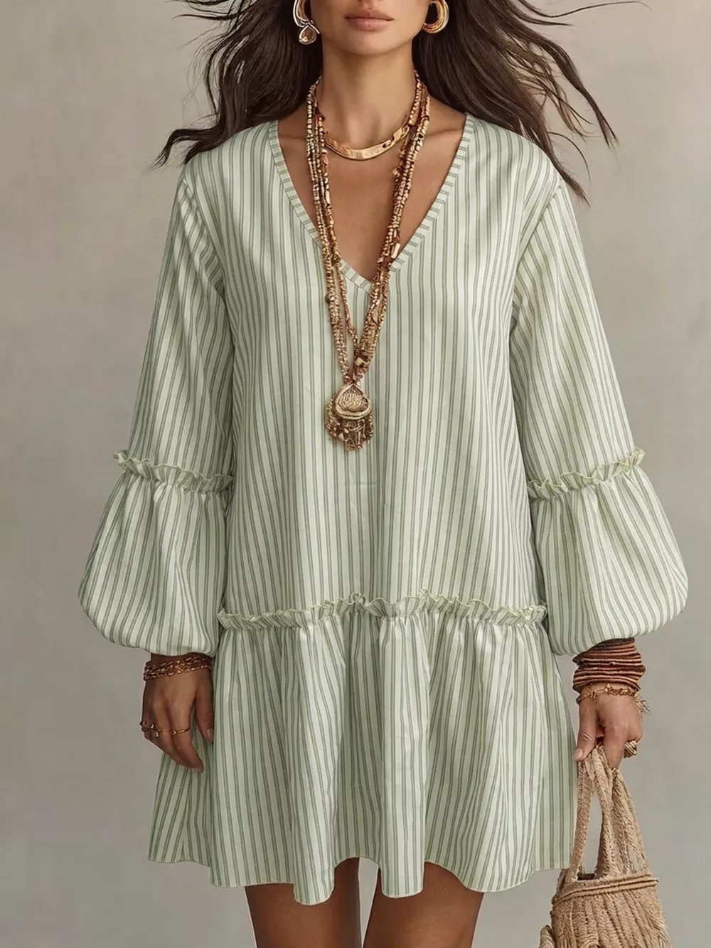 Full Size Striped Balloon Sleeve Mini Dress Plus Size, image 5