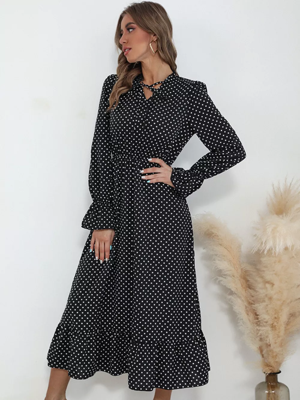 Polka Dot Ruffle Hem Midi Dress, image 6