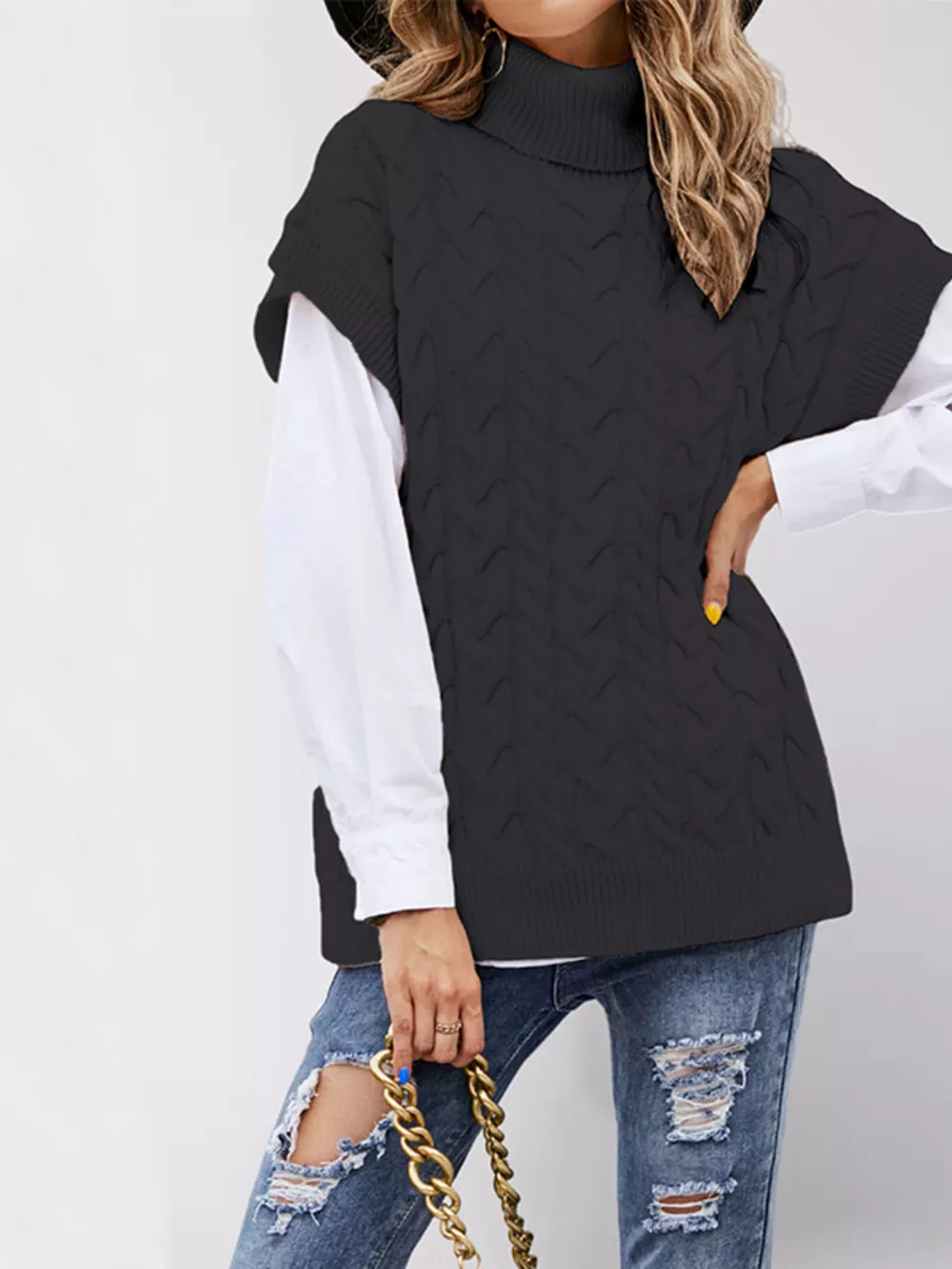 Chunky Knit Turtleneck Cap Sleeve Sweater, image 6