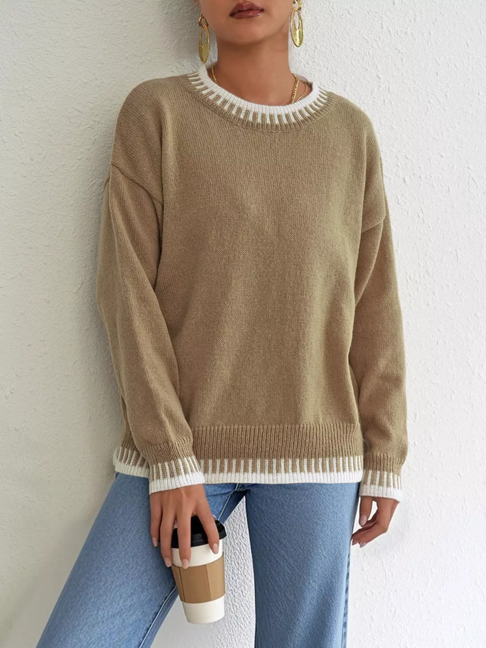 Contrast Trim Crew Neck Drop Shoulder Sweater, image 8