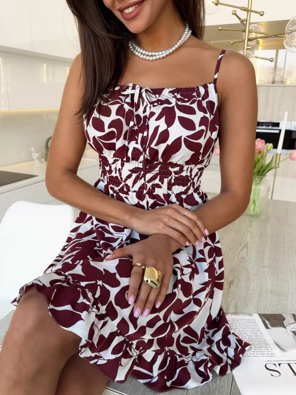 Spaghetti Strap Ruffle Hem Mini Dress with Abstract Print, image 9