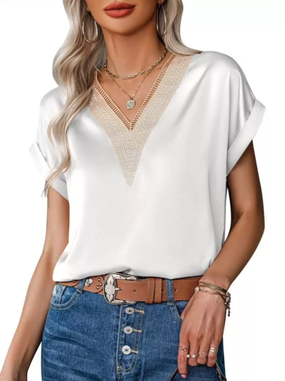 V-Neck Short Sleeve Satin Top, image 2