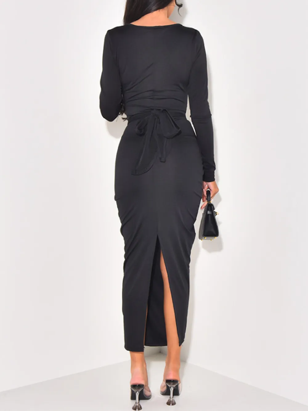 Long Sleeve Tie-Front Bodycon Maxi Dress, image 7