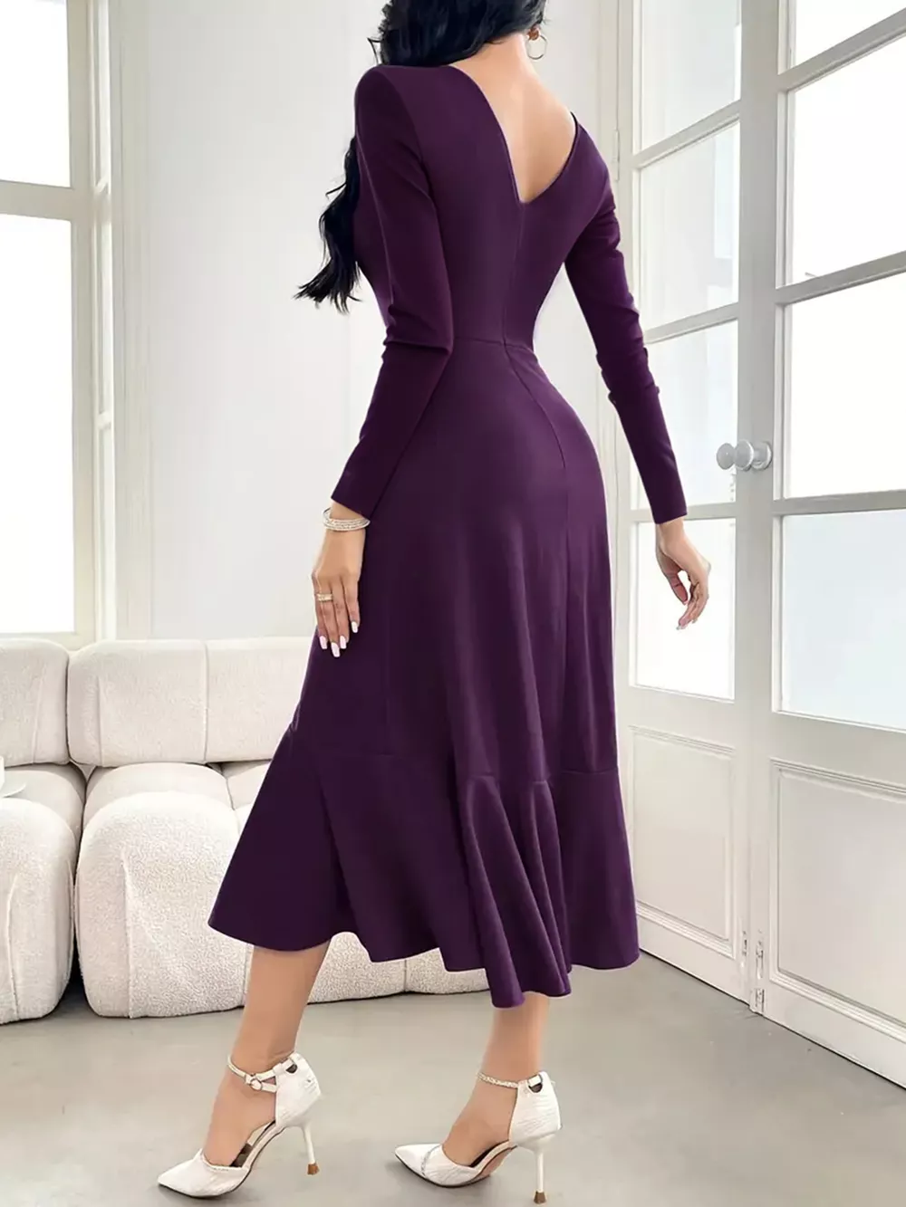 Ruffle Hem Long Sleeve Midi Dress, image 3