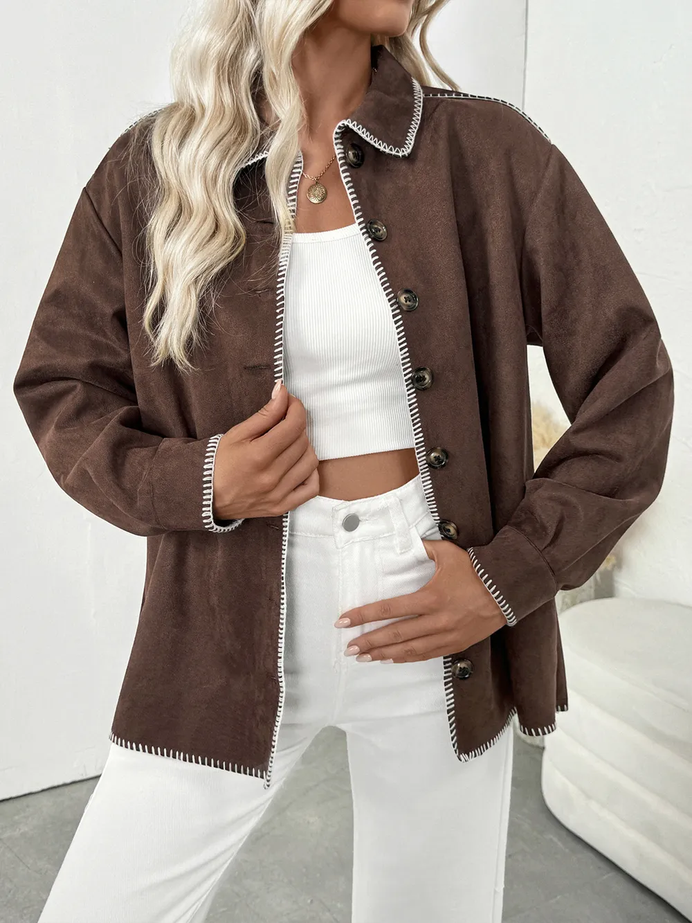 Button Up Contrast Trim Jacket, image 4