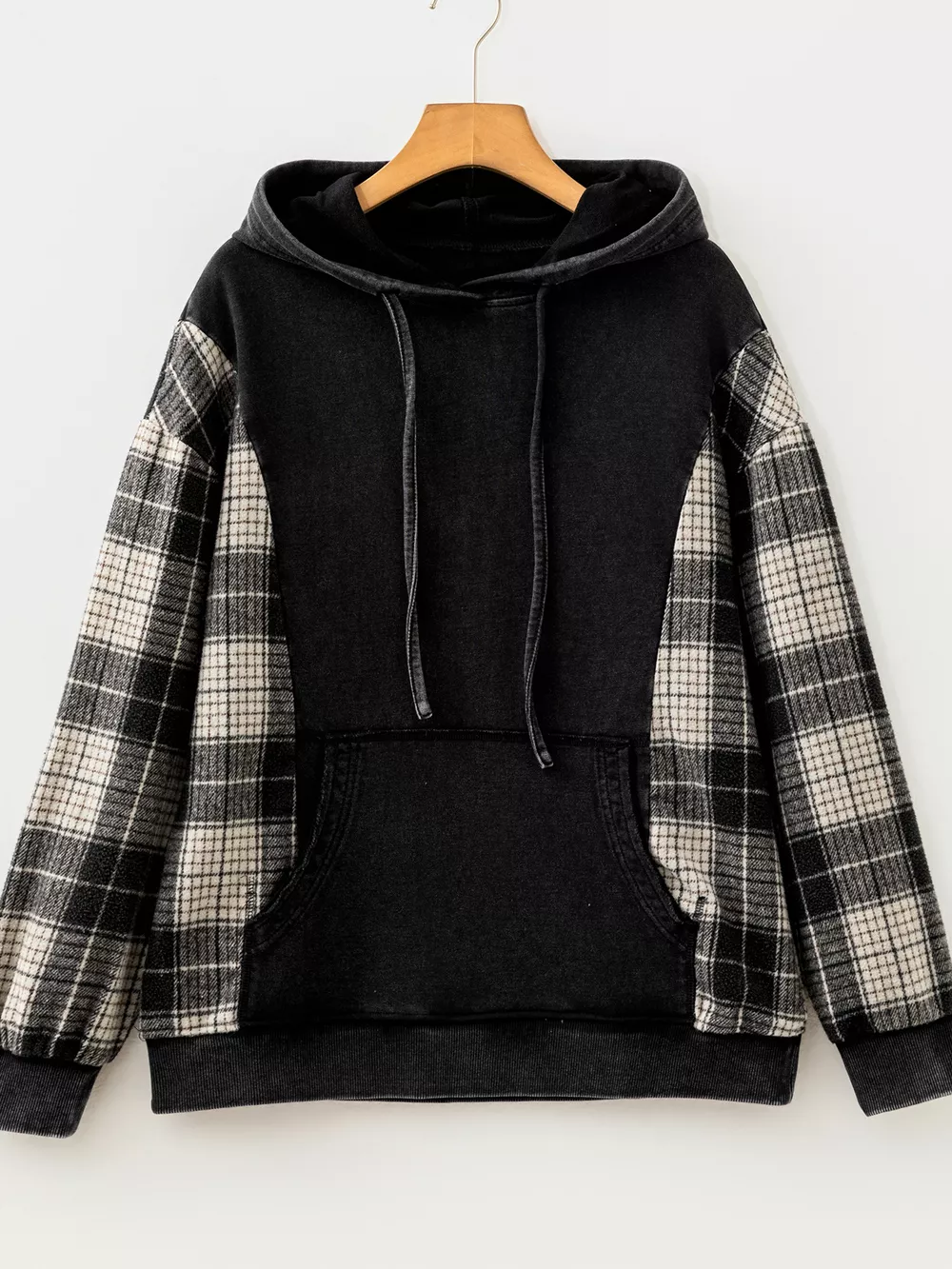 Plaid Sleeve Drawstring Pocket Hoodie, image 25