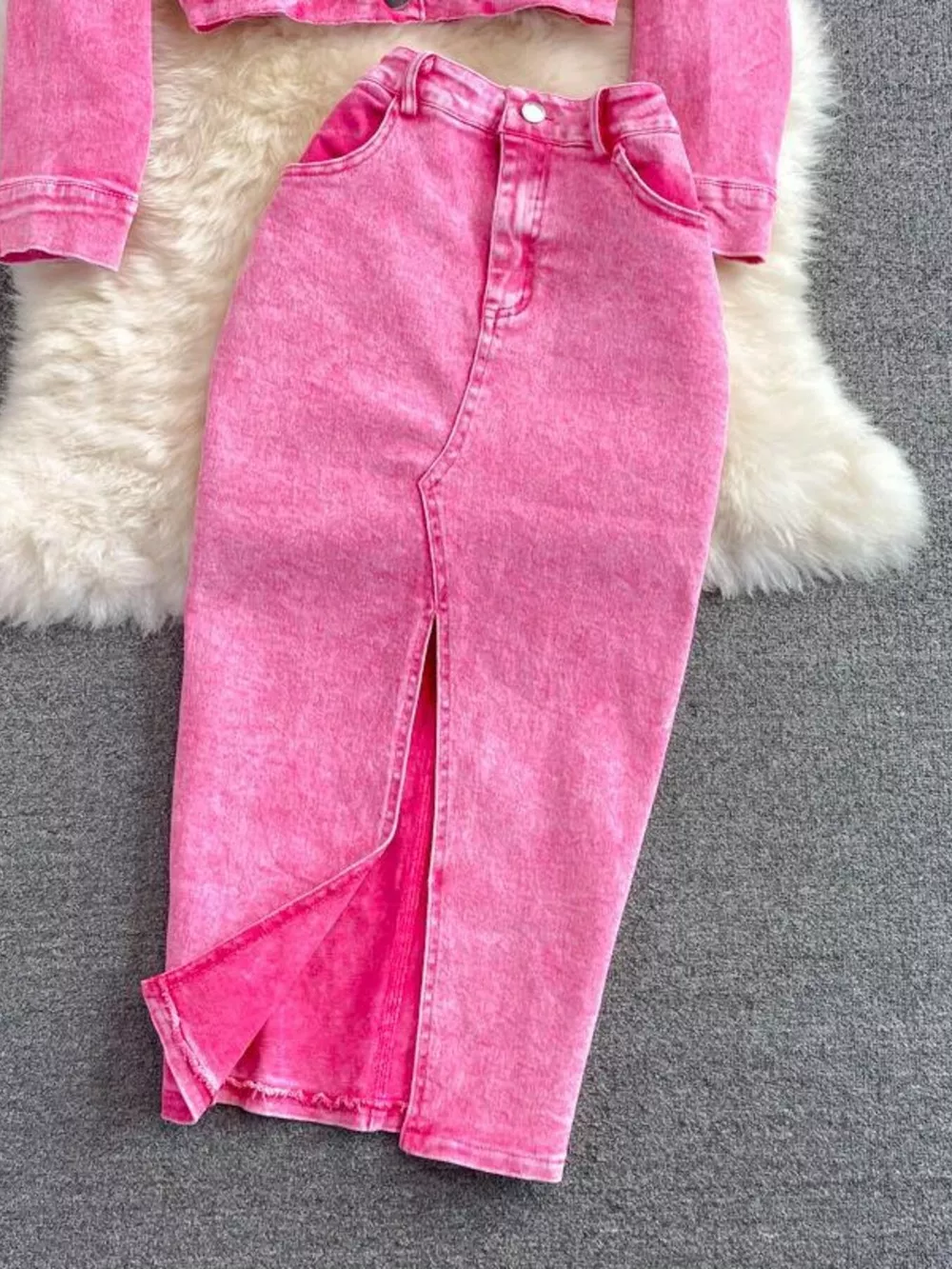 Button Up Jacket and Slit Skirt Denim Set, image 4