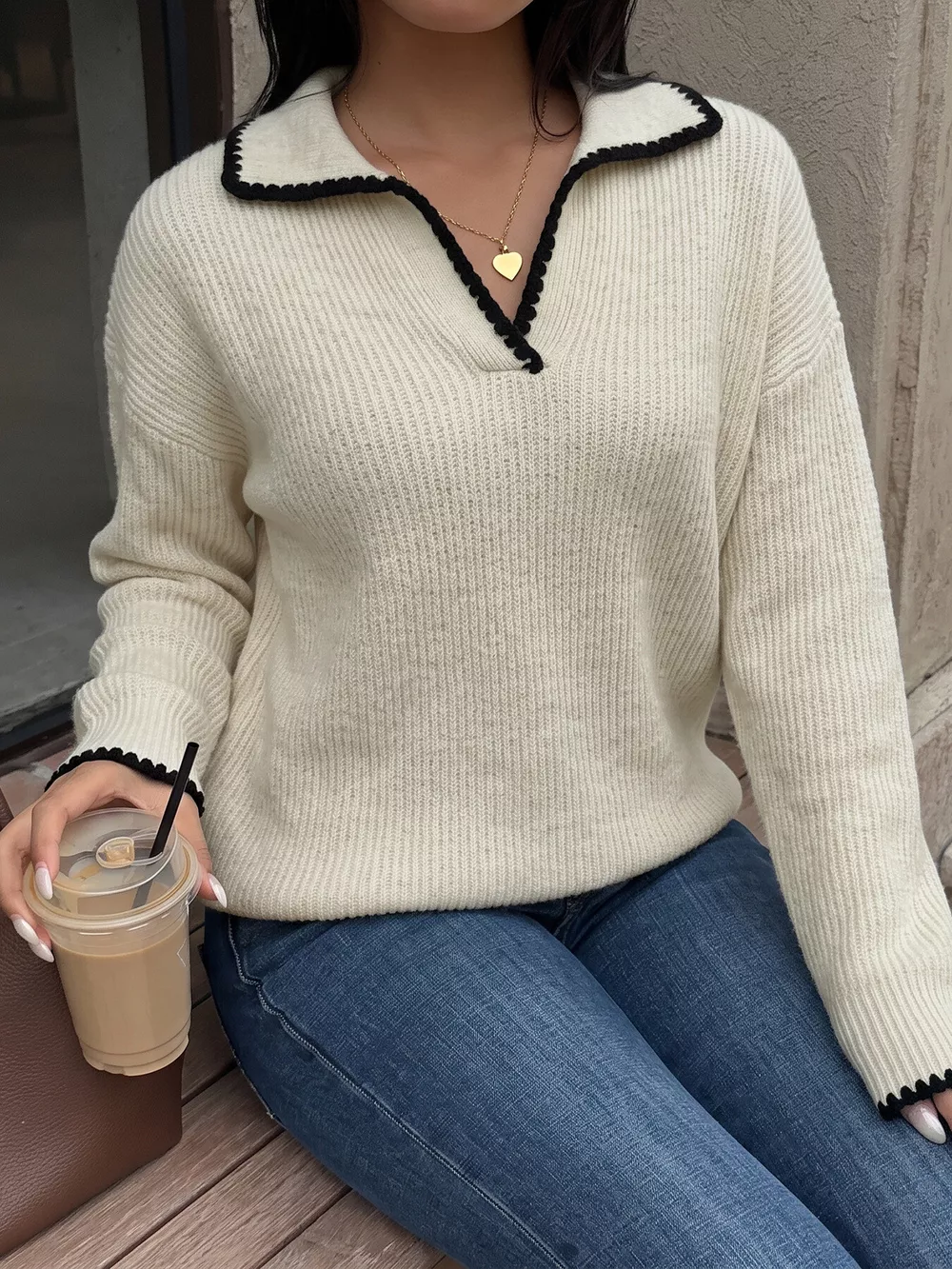 Contrast Trim Dropped Shoulder Sweater, image 5