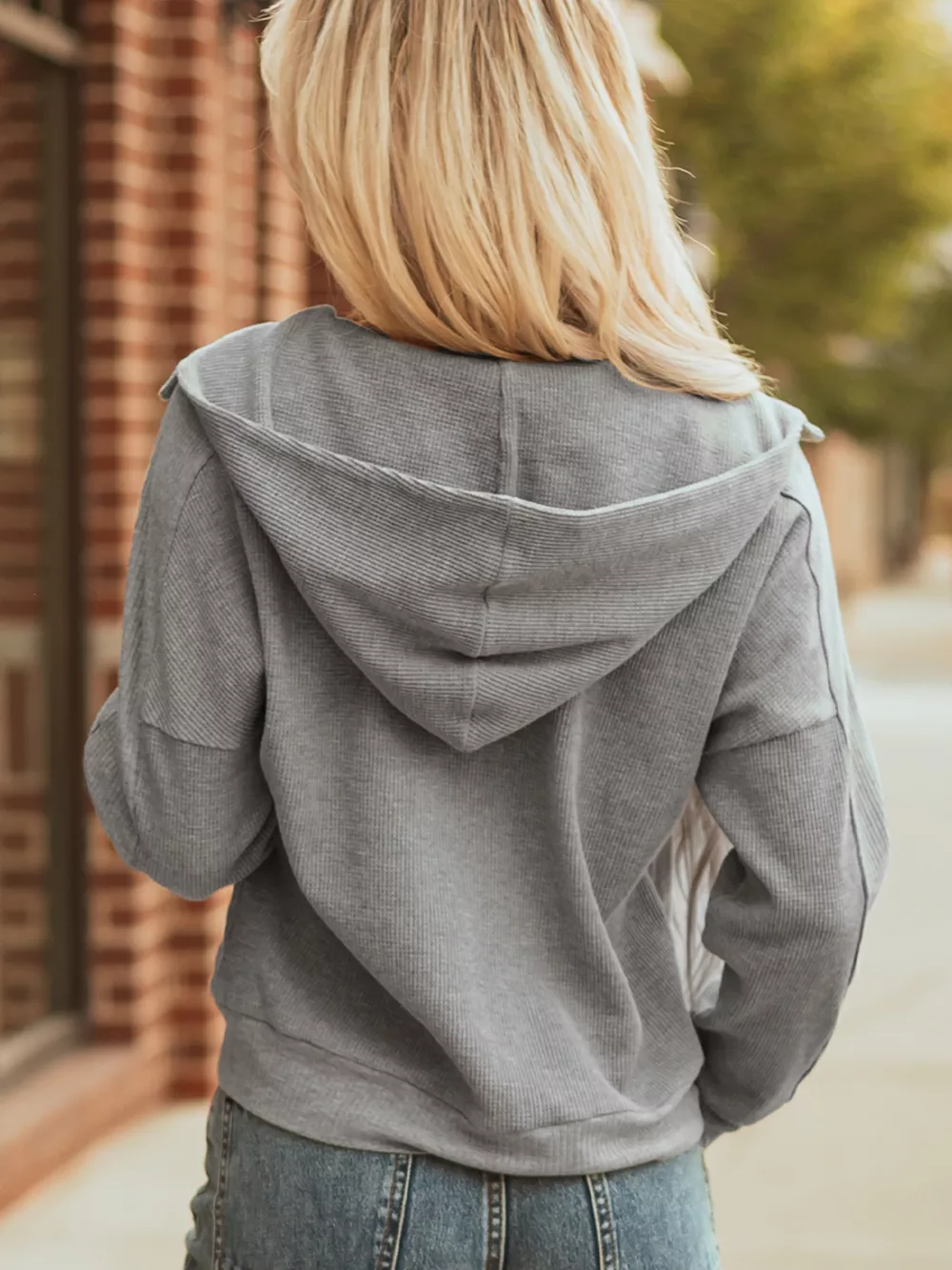 Waffle Splicing Zip Up Front Button Hooded Jacket, image 6