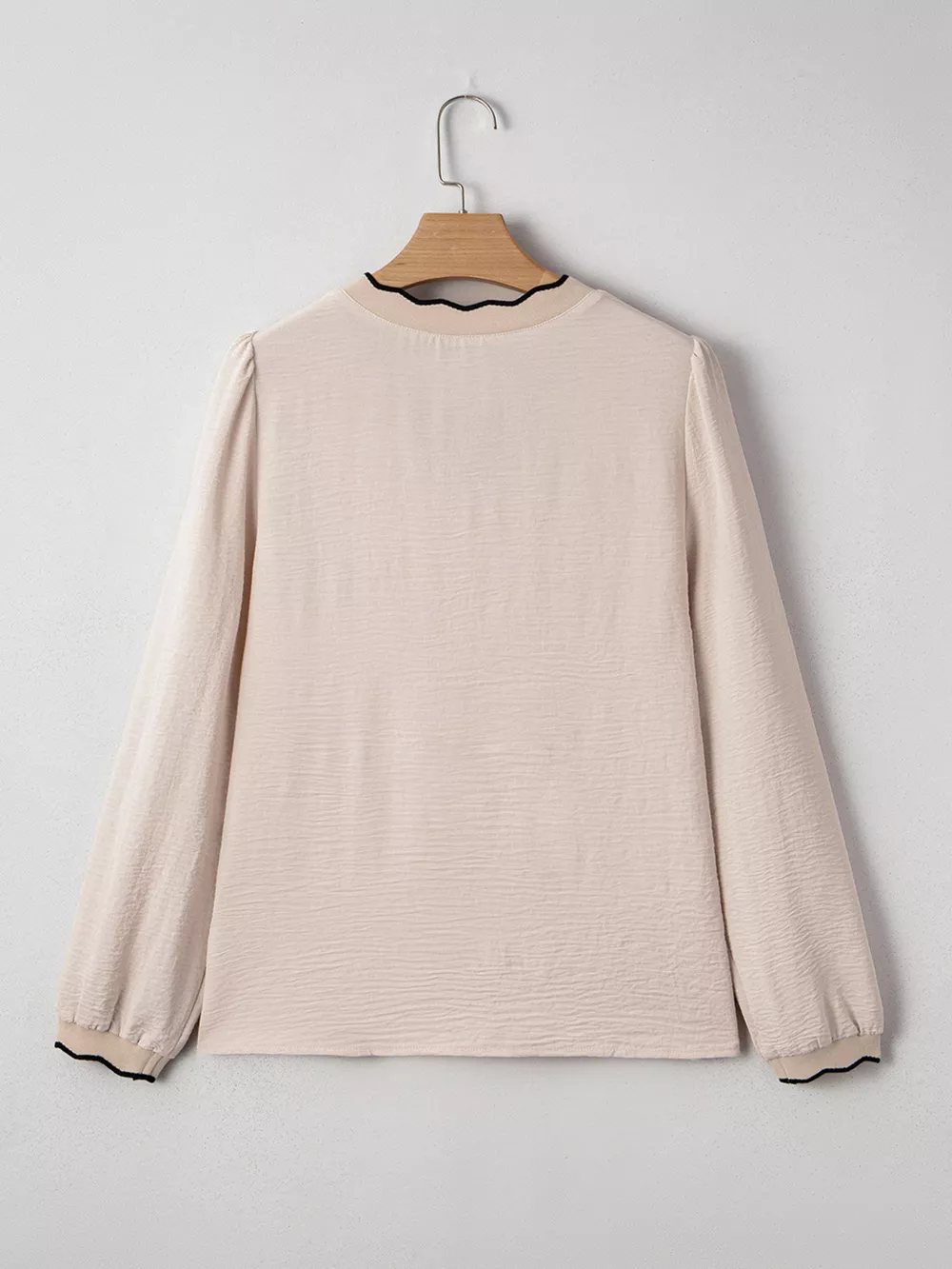 Contrast Scallop Trim V Neck Long Sleeve Blouse, image 7