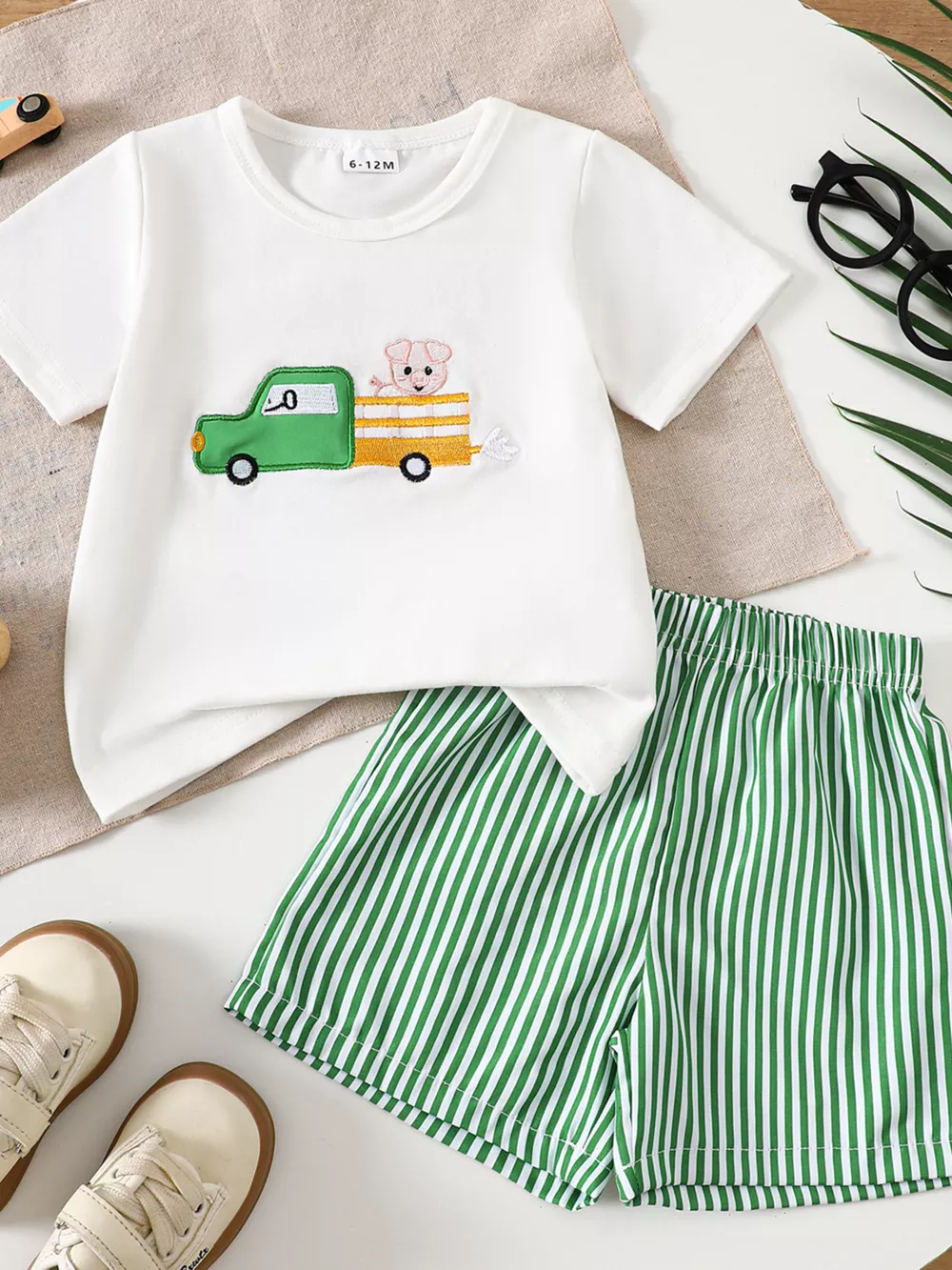 Children's Cartoon Tractor Embroidered Tee and Shorts Set, image 12