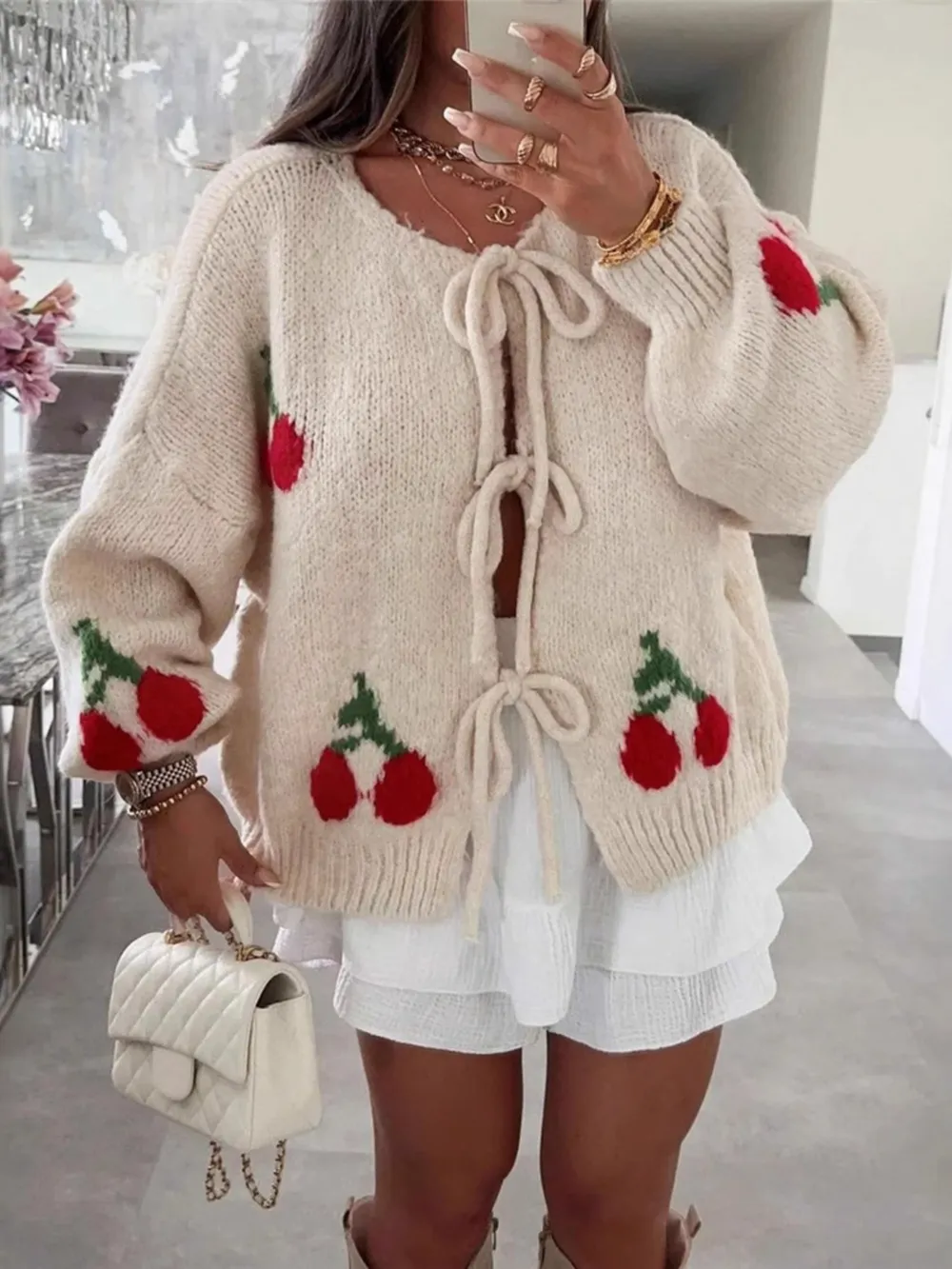 Cherry Pattern Tie-Front Oversized Cardigan, image 2