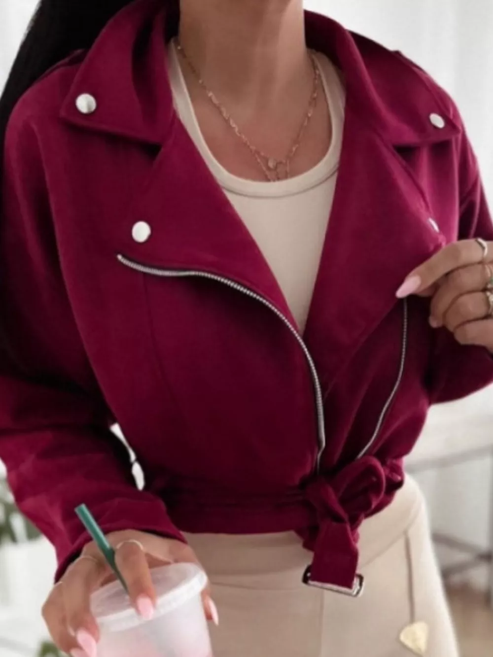 Cropped Biker Jacket with Belt Detail, image 5